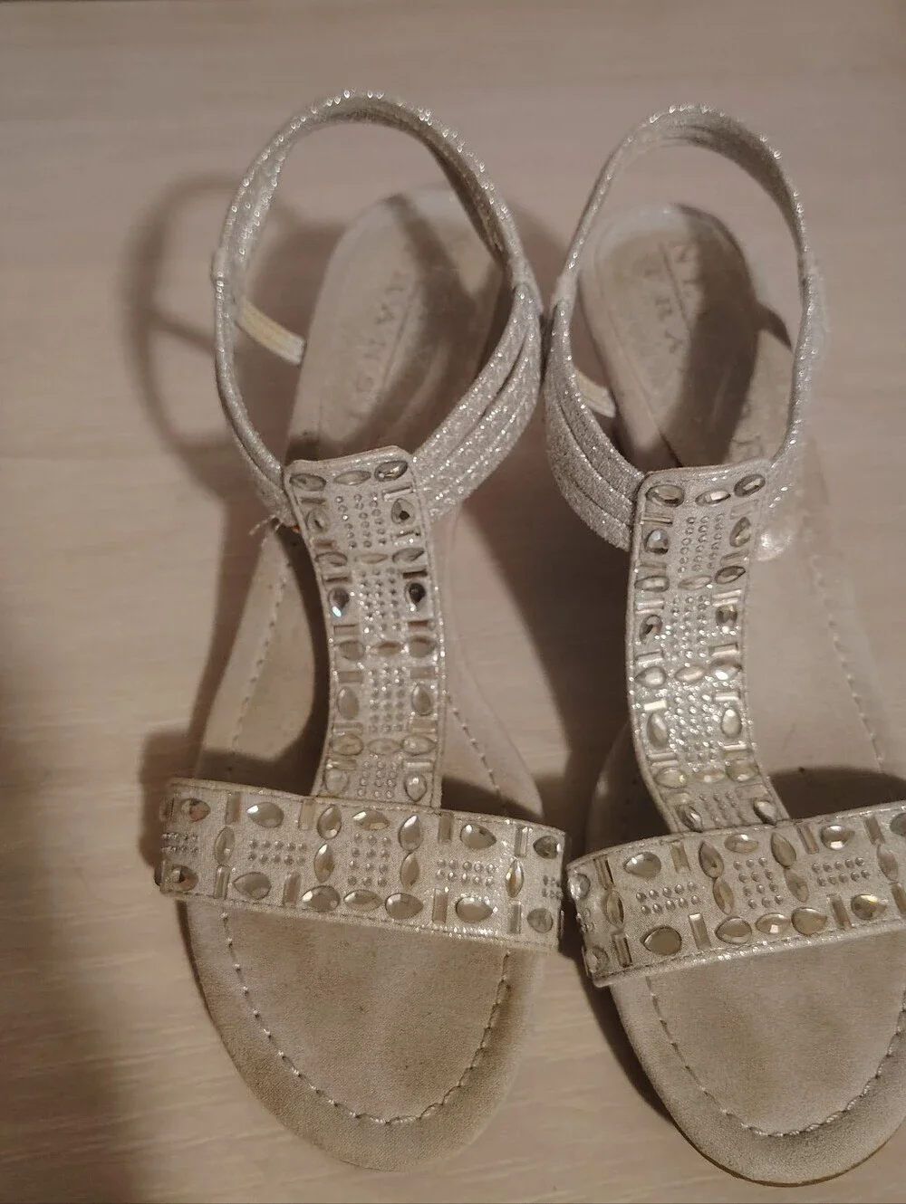 New York Transit Embellished Silver Wedge Sandals for Women 7.5